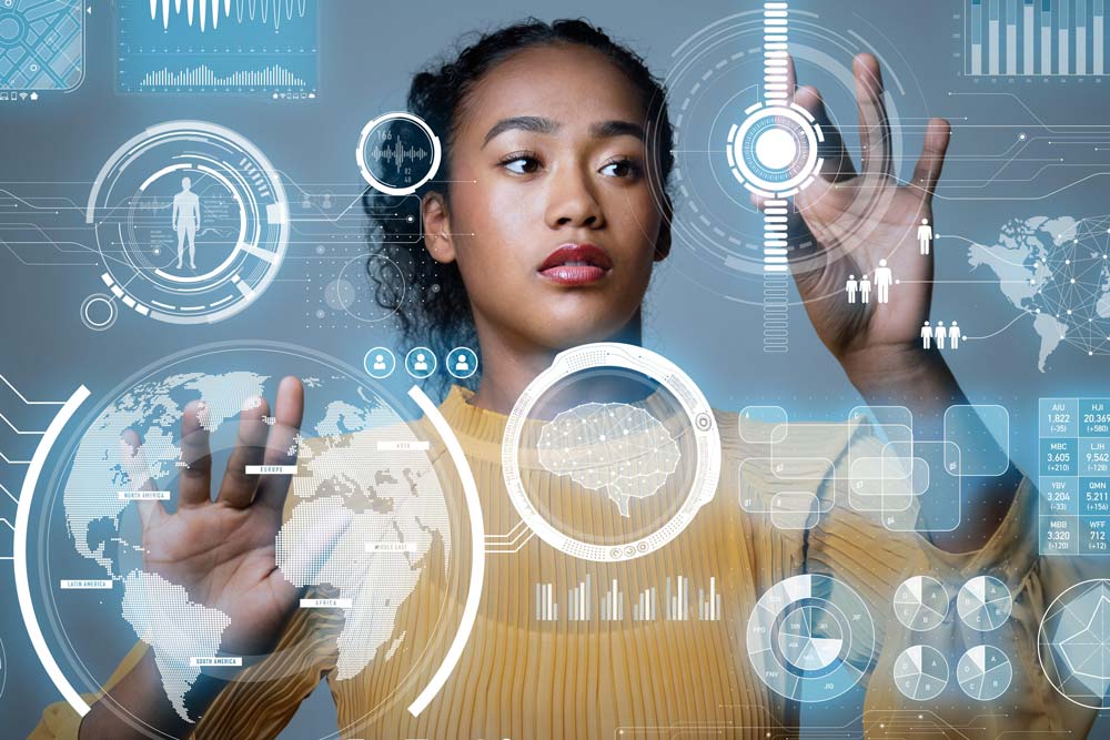 Woman standing next to a touchscreen
